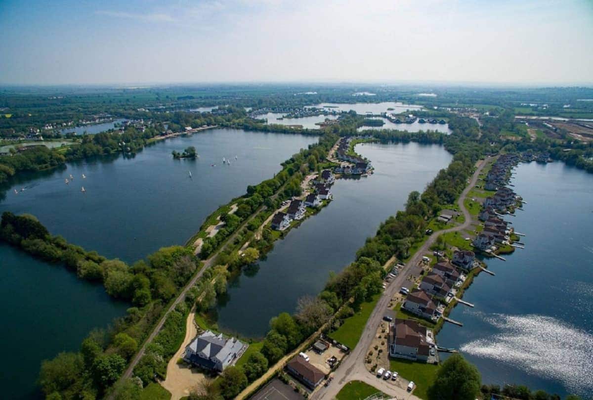 Aerial view across the lakes of Cotswold Water Park