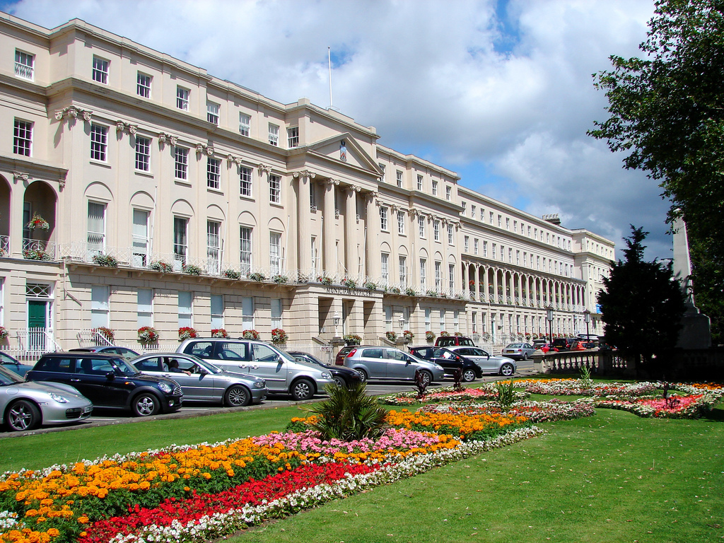 Regency buildings and flowerbeds on Cheltenham Promenade